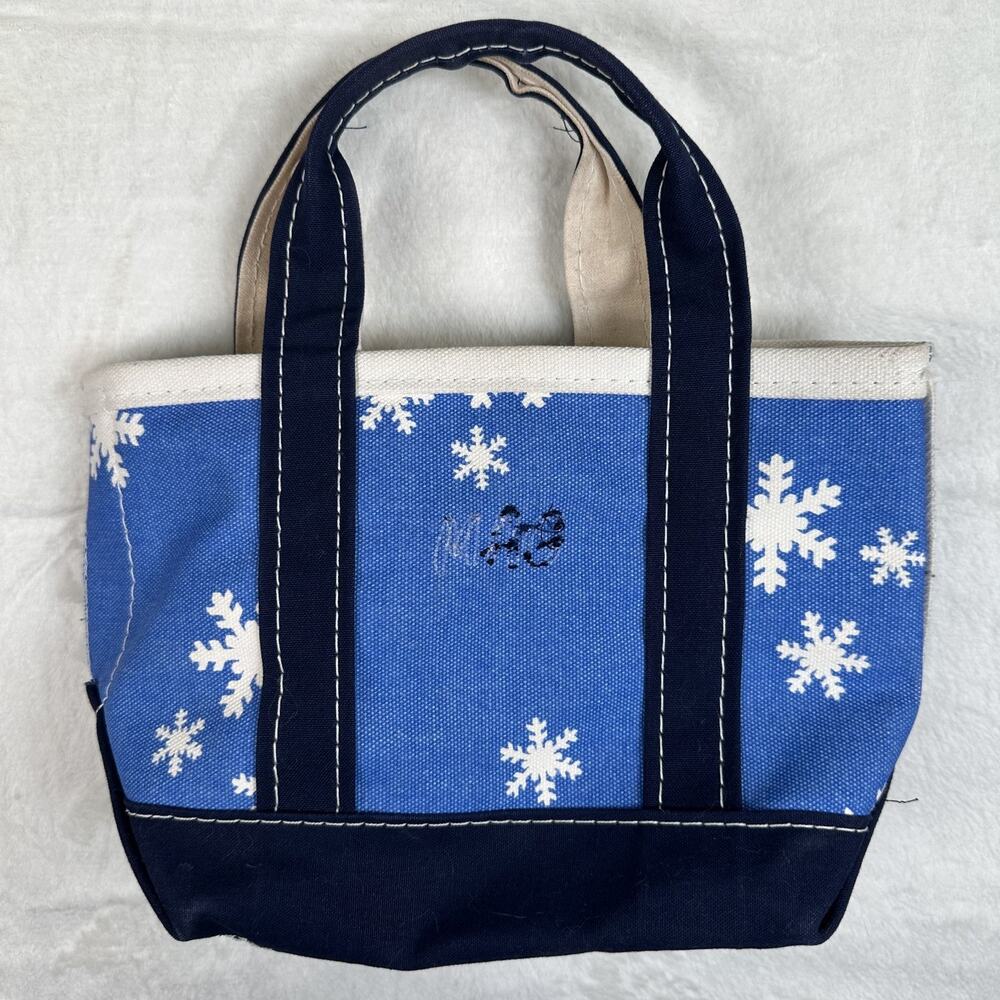 LL Bean Boat & Tote Blue with White Snowflake Canvas Double Handle Mini Tote Bag - Picture 2 of 13